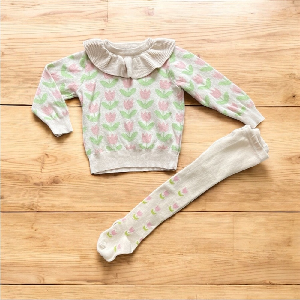 GIRLHOOD Tulip Ruffle Collar Sweater | Matching Tights Set Girls 2/3